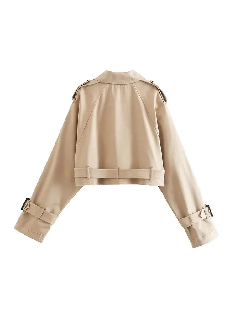 Belt Cropped Trench Spring Jacket Women Vintage Streetwear.