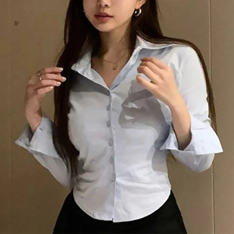 White Office Women Chiffon Shirt Pocket Button Lapel
