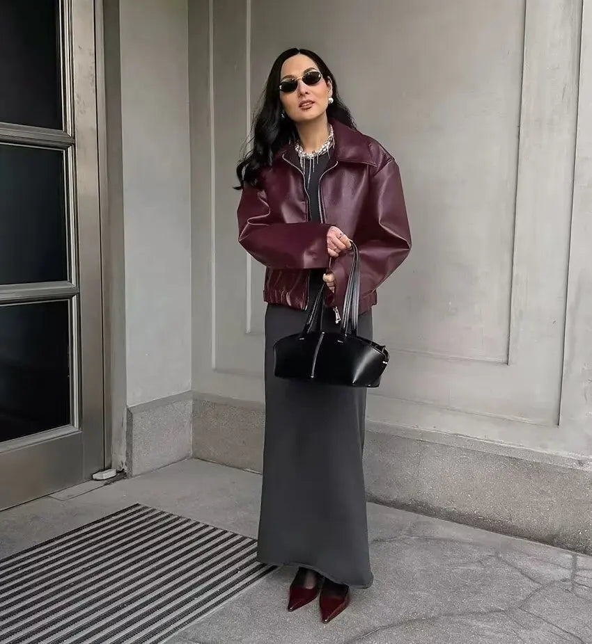 Wine Red Faux Leather Jakcet