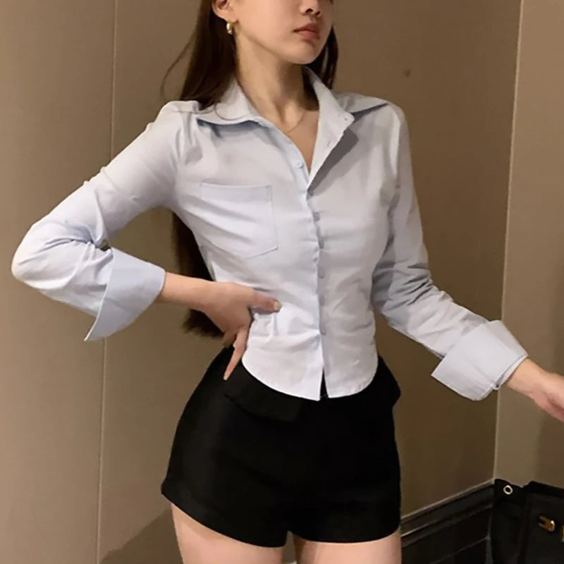 White Office Women Chiffon Shirt Pocket Button Lapel