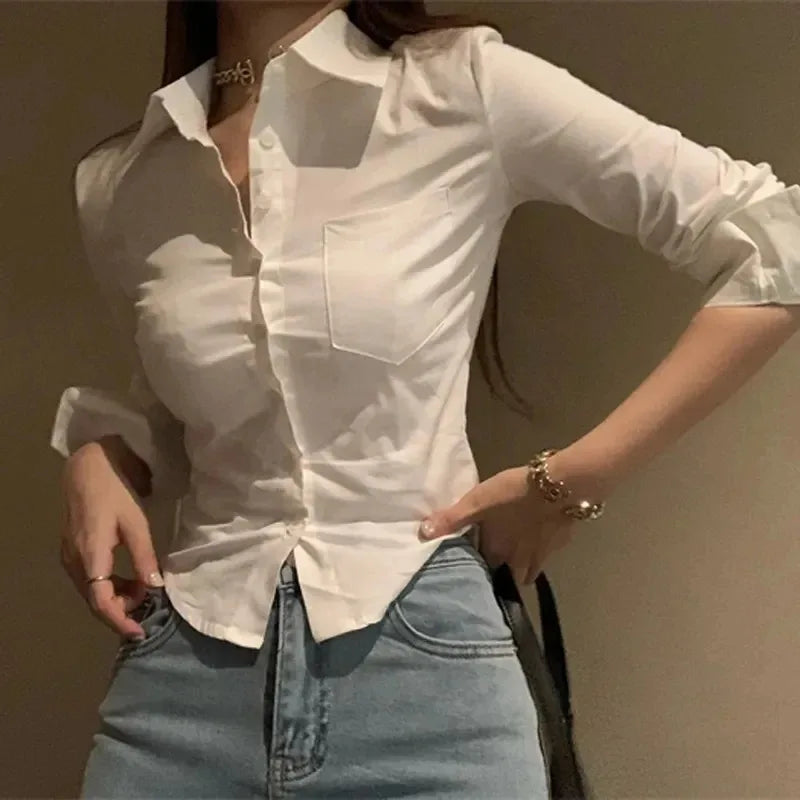 White Office Women Chiffon Shirt Pocket Button Lapel
