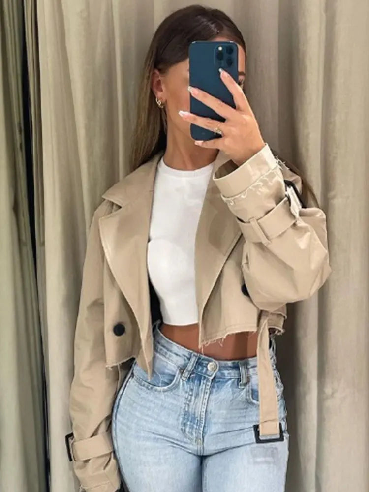 Belt Cropped Trench Spring Jacket Women Vintage Streetwear.
