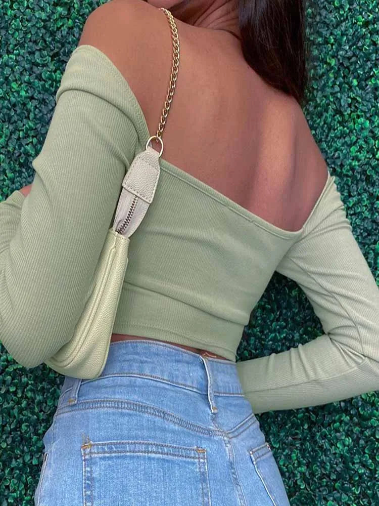 Hollow-Out V-neck Long Sleeve Crop Tops Spring Fall Casual