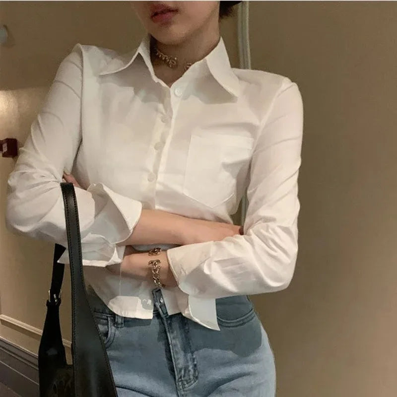 White Office Women Chiffon Shirt Pocket Button Lapel