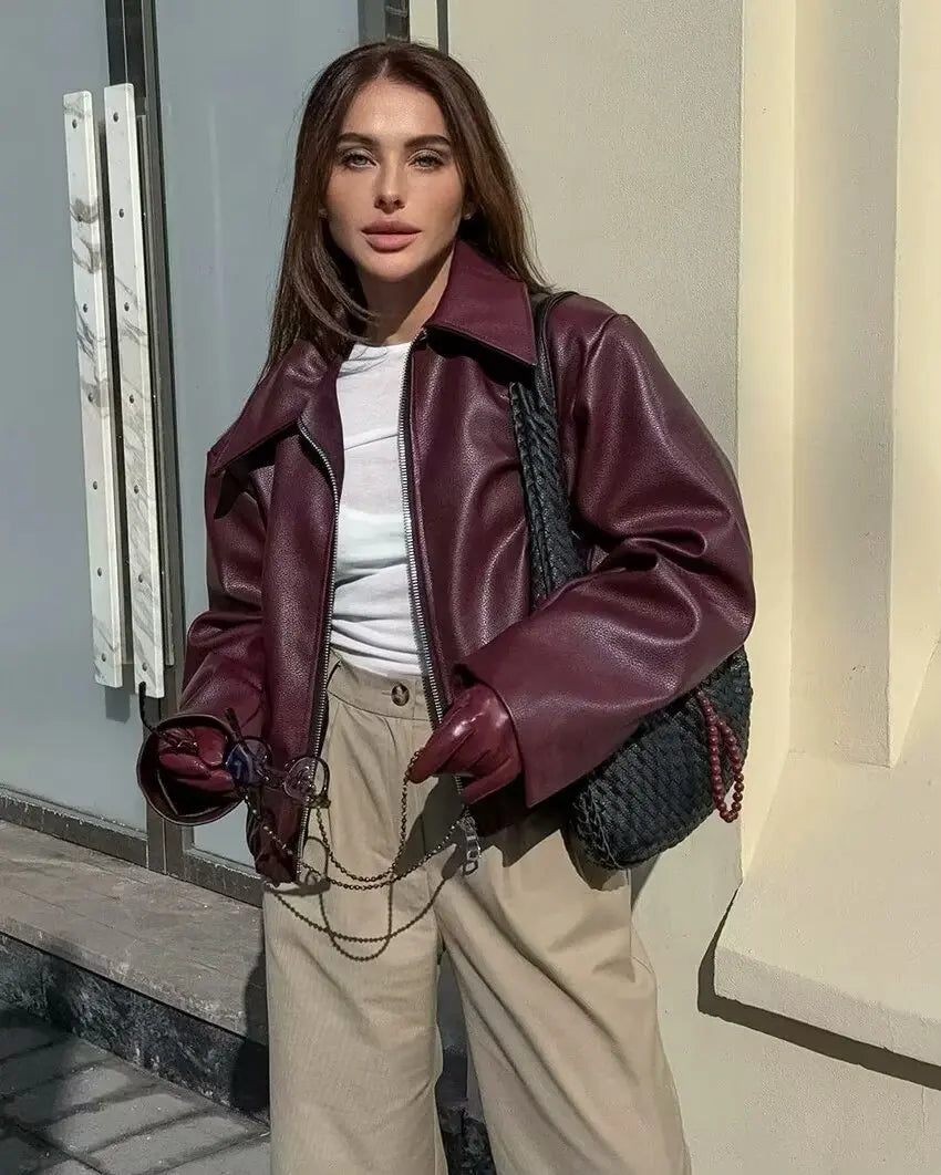 Wine Red Faux Leather Jakcet