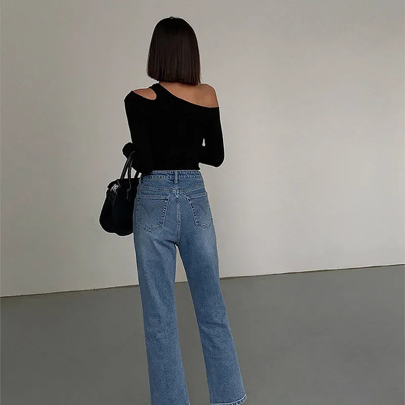 Fashion Skew Collar Off-shoulder Long-sleeved T-shirts.