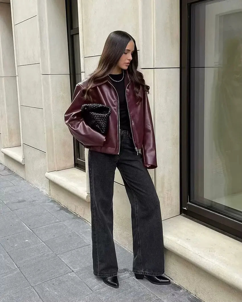 Wine Red Faux Leather Jakcet