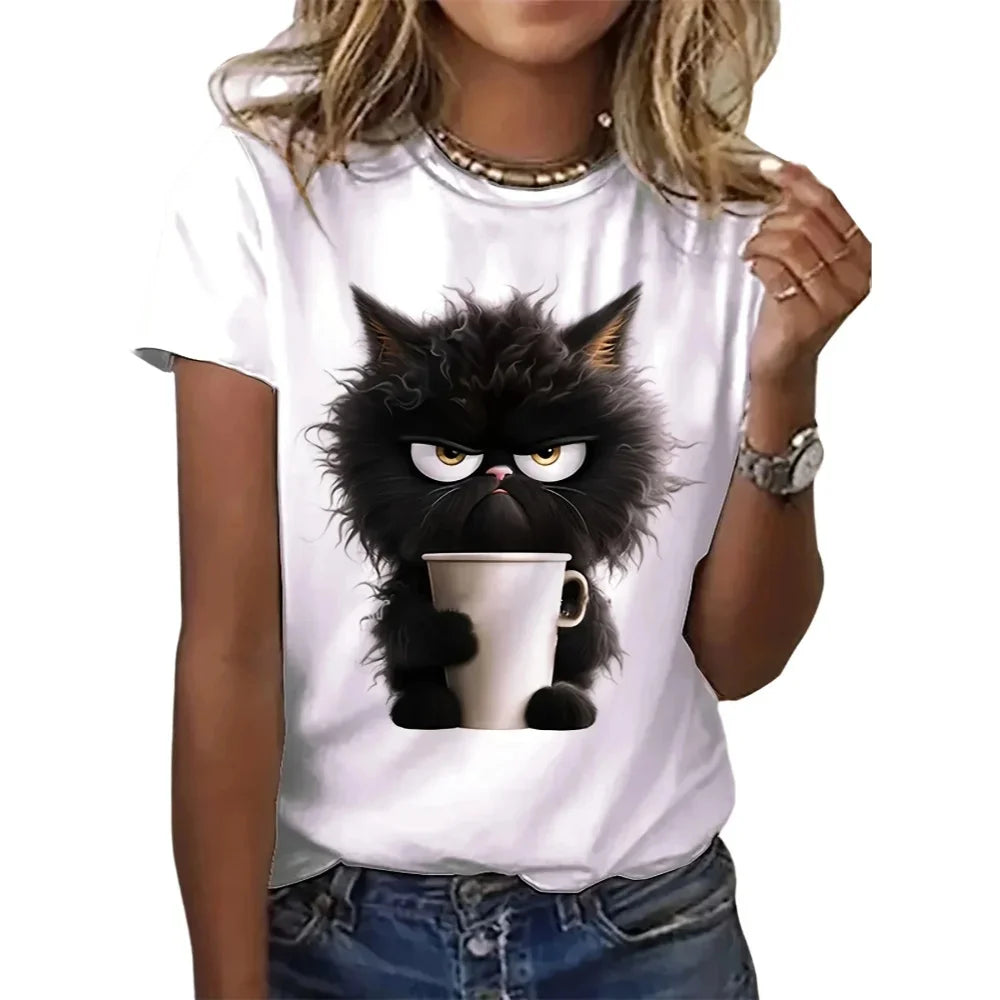 Cat Women Summer White Print T-shirt Girl Casual Short Sleeve