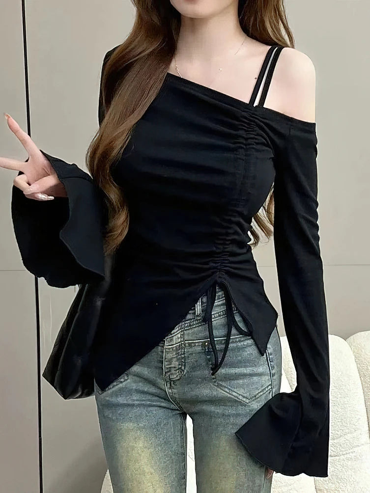 White Off Shoulder Top Women Basic Long Sleeve Body T-Shirt.