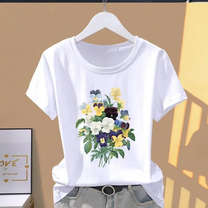 Women Print Floral Casual Explosive Short Sleeve T-shirt Graphic Tshirts.