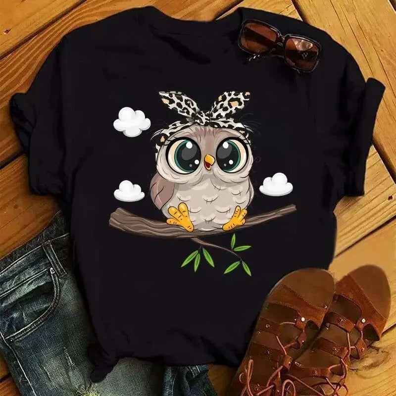Cartoon Owl Print T Shirt.