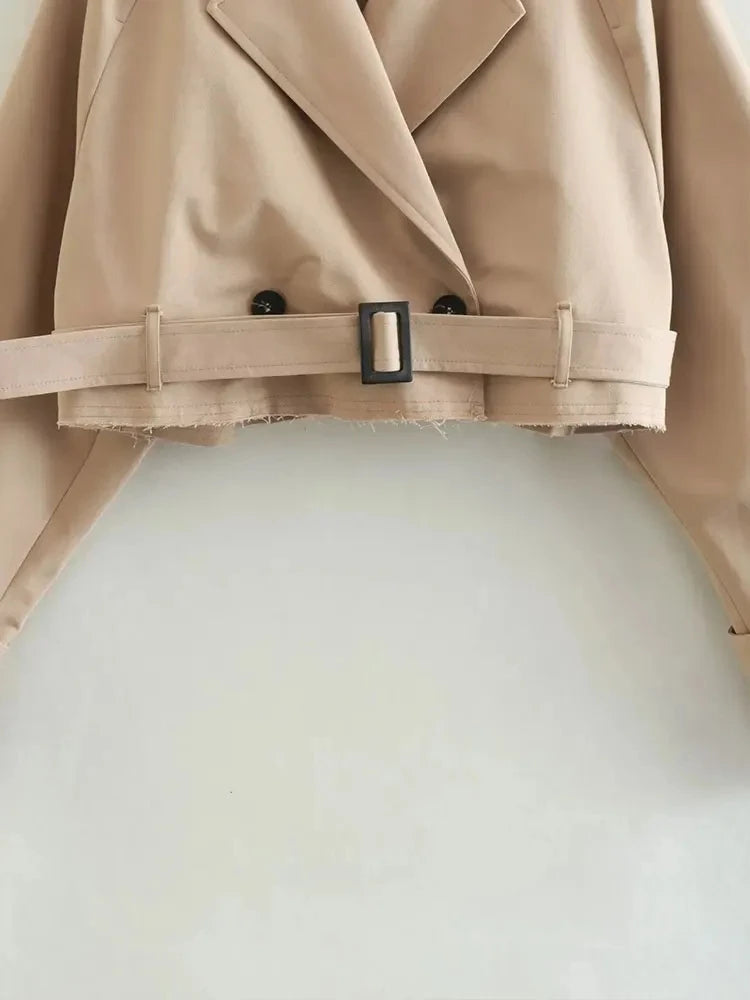 Belt Cropped Trench Spring Jacket Women Vintage Streetwear.