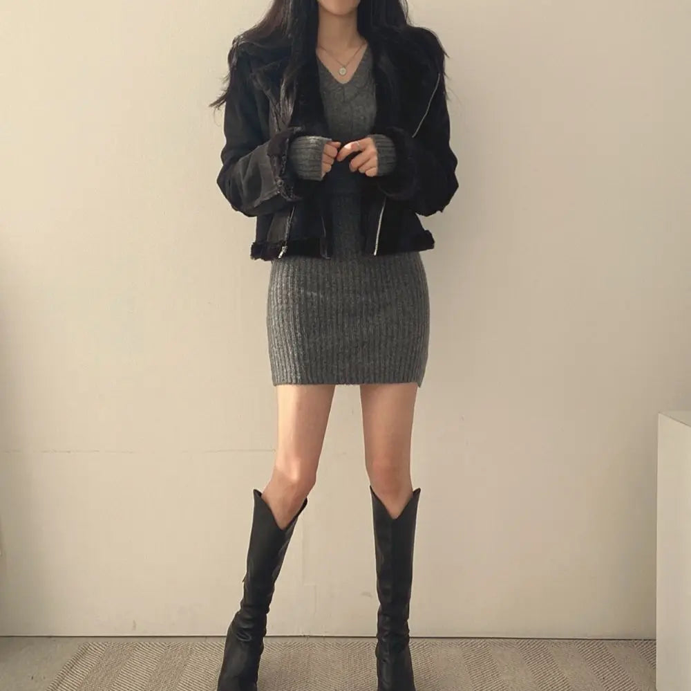 Bodycon Dress V-Neck Long Sleeve Dress, Casual Midi Sweater Dress.