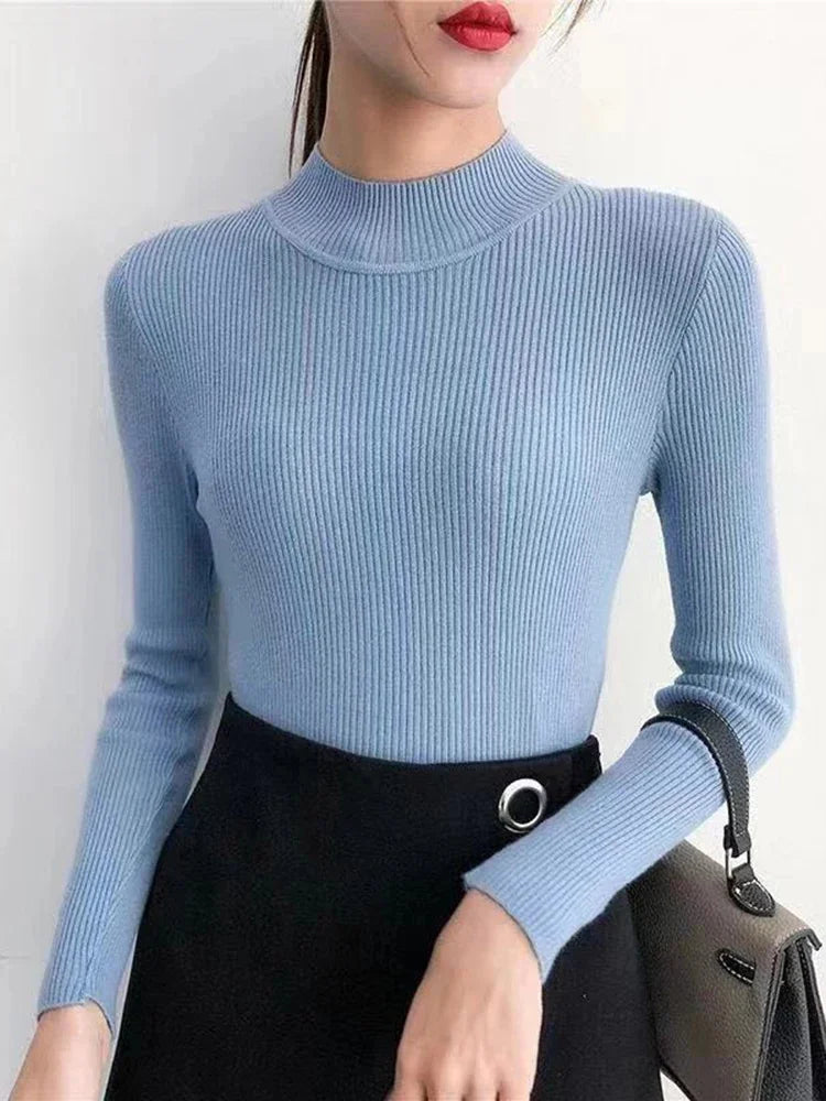Winter Mock Neck Women Sweater Vintage Basic Solid Knitted.