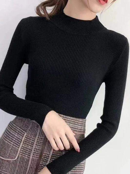 Winter Mock Neck Women Sweater Vintage Basic Solid Knitted.