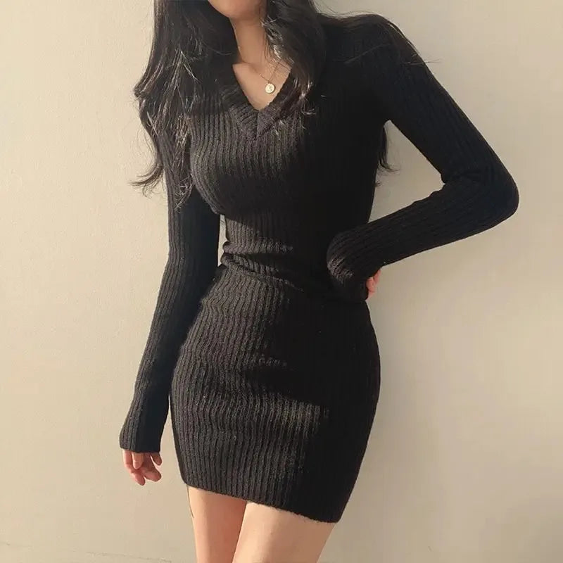 Bodycon Dress V-Neck Long Sleeve Dress, Casual Midi Sweater Dress.
