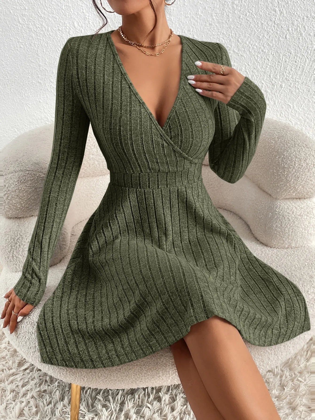 Bodycon Dress V-Neck Long Sleeve Dress.