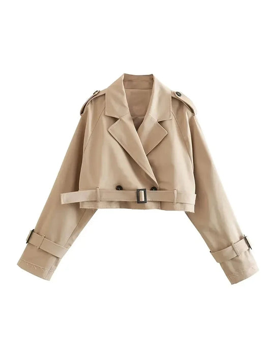 Belt Cropped Trench Spring Jacket Women Vintage Streetwear.