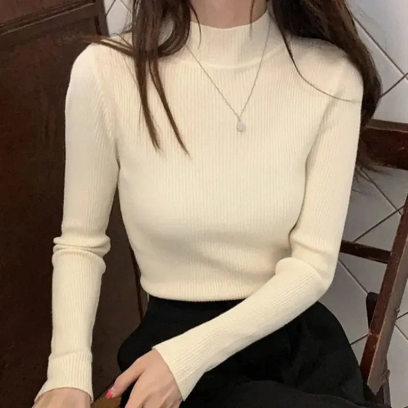 Winter Mock Neck Women Sweater Vintage Basic Solid Knitted.