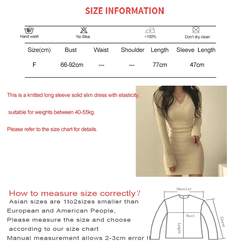 Bodycon Dress V-Neck Long Sleeve Dress, Casual Midi Sweater Dress.