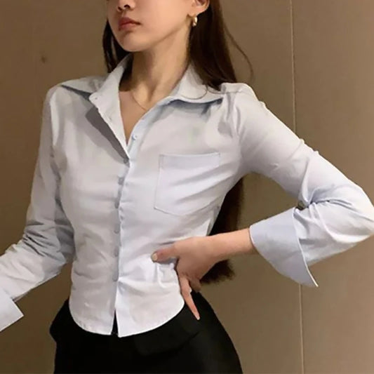 White Office Women Chiffon Shirt Pocket Button Lapel