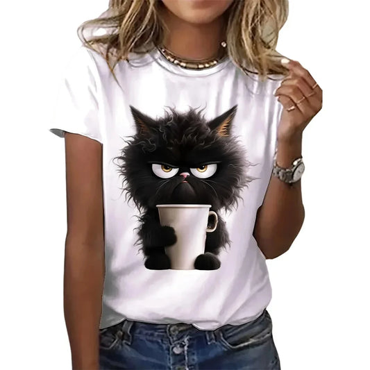 Cat Women Summer White Print T-shirt Girl Casual Short Sleeve