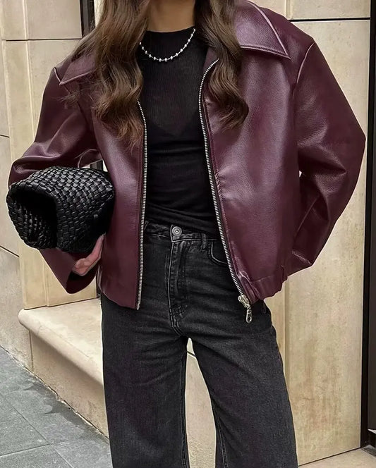 Wine Red Faux Leather Jakcet